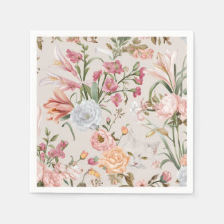 White Cats Pink Roses Floral Serviette