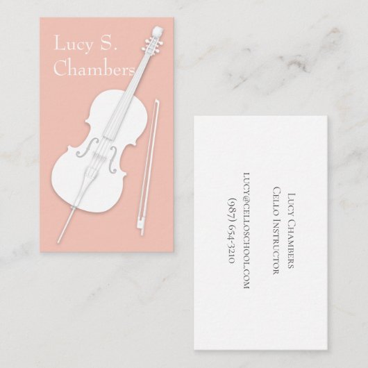 White Cello & Bow Peach Pink String Player Visitenkarte (Vorne/Hinten)