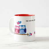 White Ceramic Mug with Romantic Owl Couple Zweifarbige Tasse (Vorderseite Links)