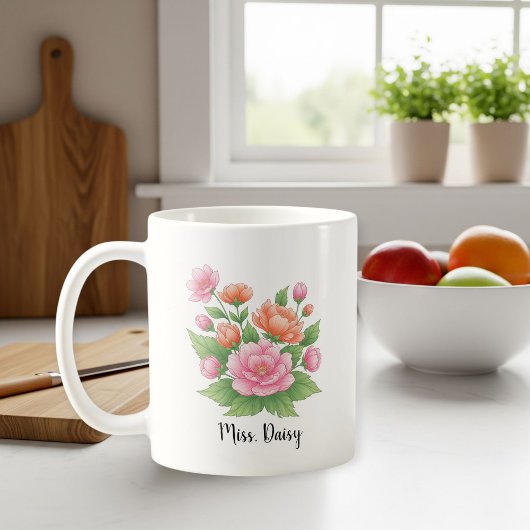 White Ceramic Personalized Mug with Floral Design  Kaffeetasse