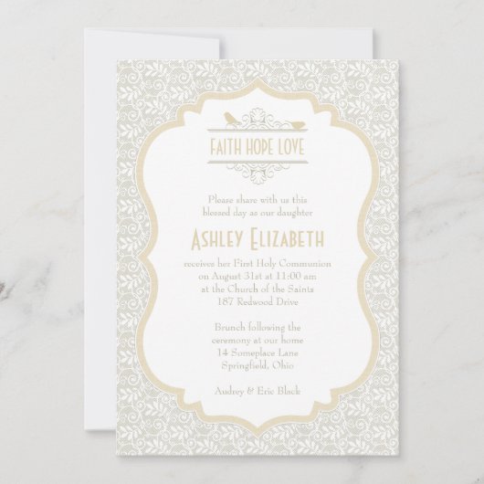 White Champagne Lace Erste Kommunion Einladung (Vorderseite)