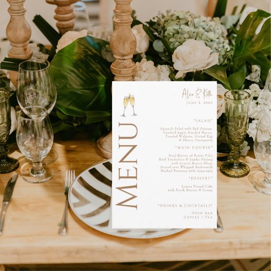 White Champagne Toast Gold Text Engagement Party Menükarte