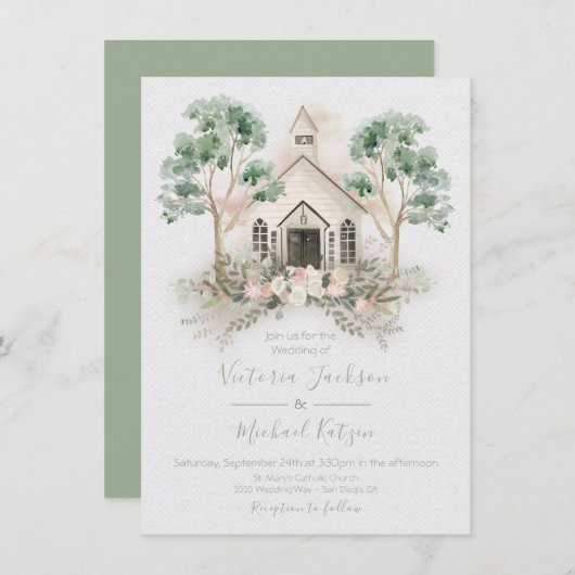 White Chapel in the Eucalyptus Wedding invitations Einladung (Vorne/Hinten)