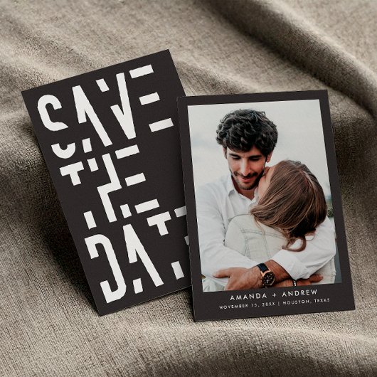 White Charcoal 70er Retro Stripes Wedding Save The Date