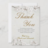 White Cherry Blossom & Gold Script Wedding Dankeskarte (Vorderseite)