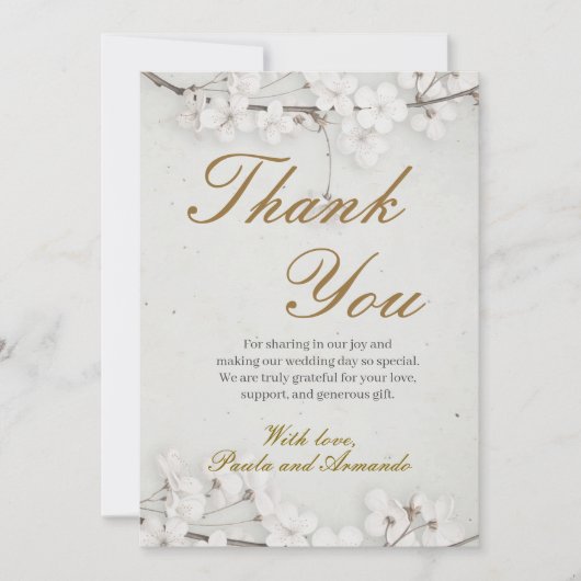 White Cherry Blossom & Gold Script Wedding Dankeskarte (Vorderseite)