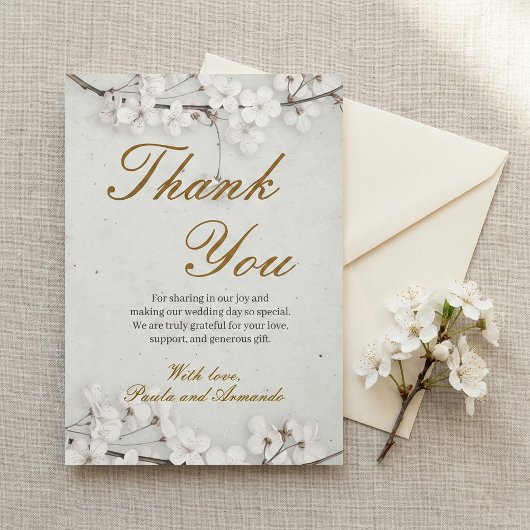 White Cherry Blossom & Gold Script Wedding Dankeskarte