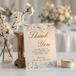 White Cherry Blossom & Gold Script Wedding Dankeskarte