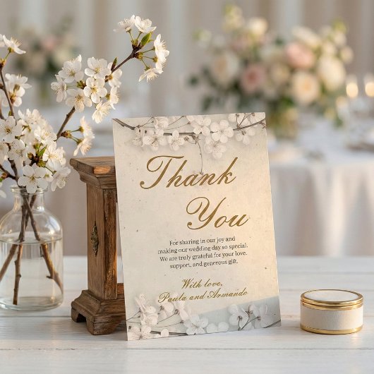 White Cherry Blossom & Gold Script Wedding Dankeskarte