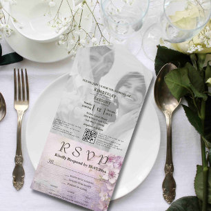 White Cherry Blossom Mauve Foto QR Code Website All In One Einladung