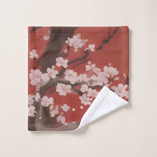 White Cherry Blossom Red Badhandtuch Set (Waschlappen)
