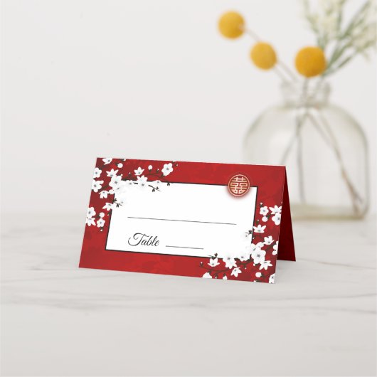 White Cherry Blossom Red | Chinesische Hochzeit Platzkarte (Vorderseite)