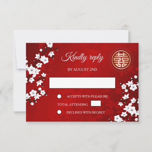 White Cherry Blossom Red UAWG Chinese Wedding RSVP Karte (Vorderseite)