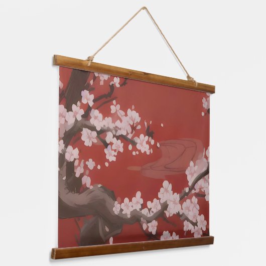 White Cherry Blossom Red Wandteppich Mit Holzrahmen (Gewinkelt)