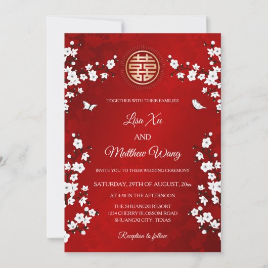 White Cherry Blossom | Rote Chinesische Hochzeit Einladung (Vorderseite)