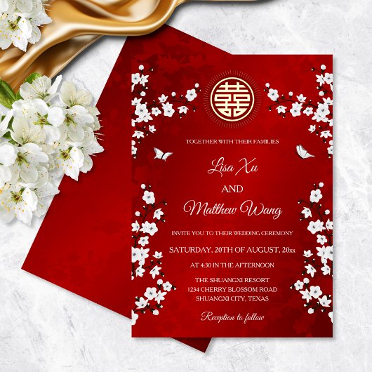 White Cherry Blossom | Rote Chinesische Hochzeit Folieneinladung