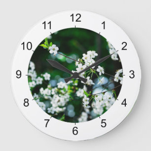 White Cherry Blossoms Green Leaves Große Wanduhr