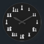 White Chess Pieces Clock Große Wanduhr<br><div class="desc">Wall Clock with the white chess pieces against a black background, representing their real value on chess. Totally customizable.</div>