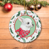 White Chihuahua Dog Holly Border Keramik Ornament