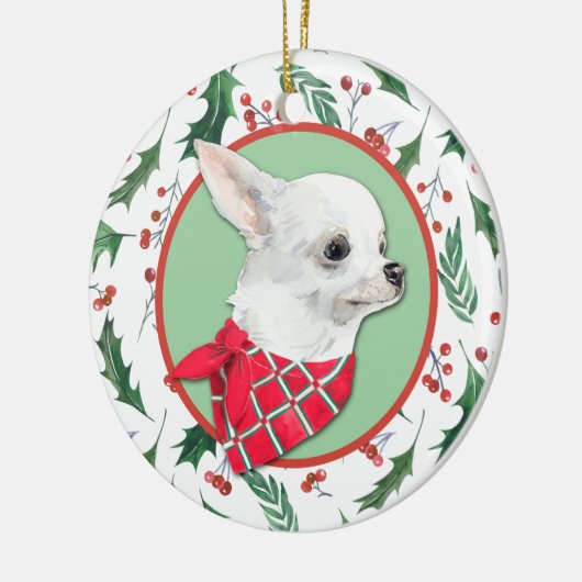 White Chihuahua Dog Holly Border Keramik Ornament (Links)