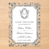 White Chinoiserie Crest Wedding Save the Date Acryleinladungen (Vorderseite)
