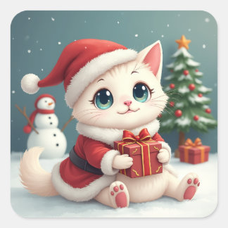 White Christmas Cat Button Quadratischer Aufkleber