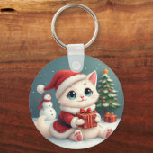 White Christmas Cat Button Schlüsselanhänger (Vorderseite)