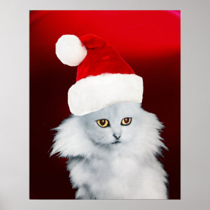 WHITE CHRISTMAS CAT MIT SANTA CLAUS HAT, Red Ruby Poster