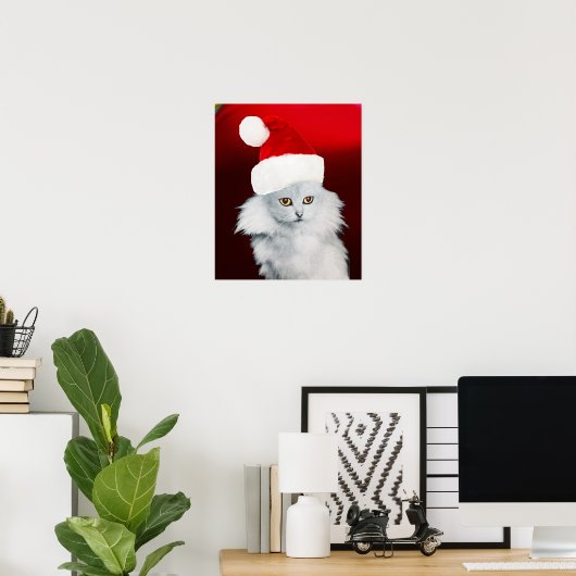 WHITE CHRISTMAS CAT MIT SANTA CLAUS HAT, Red Ruby Poster (Heimbüro)