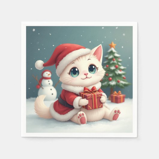 White Christmas Cat Napkins Serviette (Vorderseite)