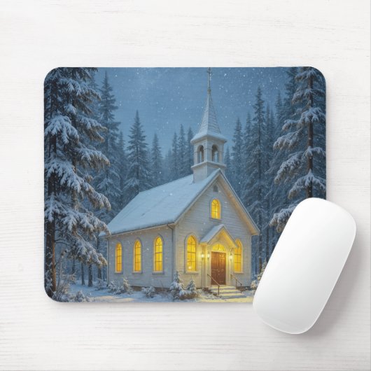 White Christmas Chapel In Winter Pines Mousepad (Mit Mouse)