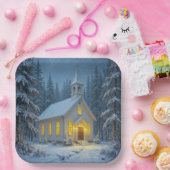 White Christmas Chapel In Winter Pines Pappteller (Party)