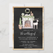 White Christmas Fireplace QR Code Black Wedding Einladung (Vorderseite)