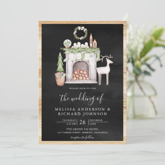 White Christmas Fireplace QR Code Black Wedding Einladung (Stehend Vorderseite)