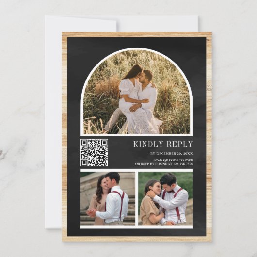 White Christmas Fireplace QR Code Black Wedding Einladung (Rückseite)