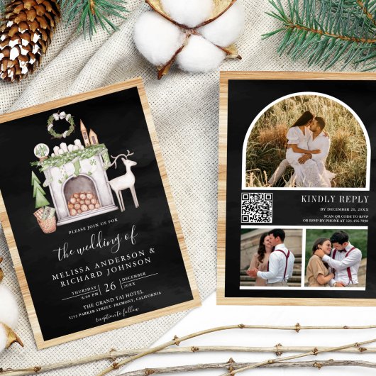 White Christmas Fireplace QR Code Black Wedding Einladung