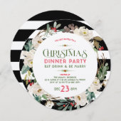 White Christmas Flowers Wreath & Stripes Pattern Einladung (Vorne/Hinten)