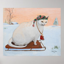 White Christmas Holiday Cat in Snow Wall Art Poster