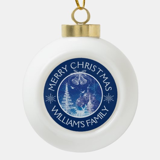 White Christmas Midnight Blue Ornaments Keramik Kugel-Ornament (Vorderseite)