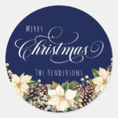 White Christmas Poinsettia blau Runder Aufkleber (Vorderseite)