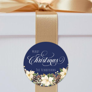 White Christmas Poinsettia blau Runder Aufkleber