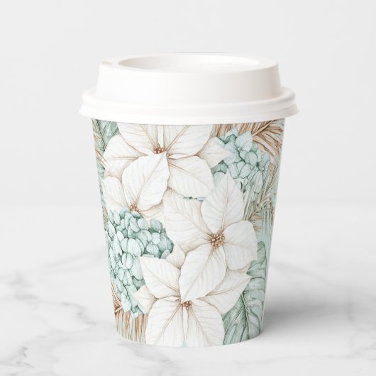 White Christmas Poinsettia | Winter Beach Hochzeit Pappbecher (Rückseite)