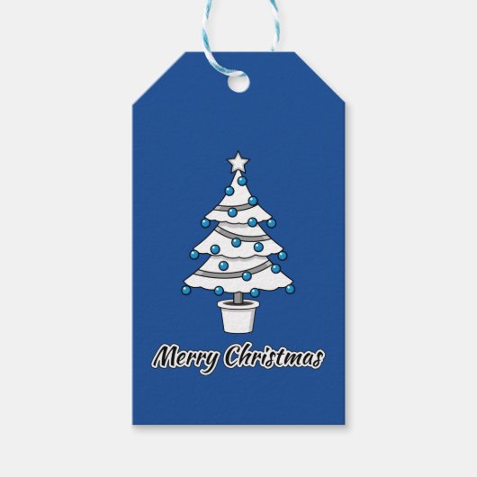 White Christmas Tree Blue Decorations - Frohe Weih Geschenkanhänger (Vorderseite)