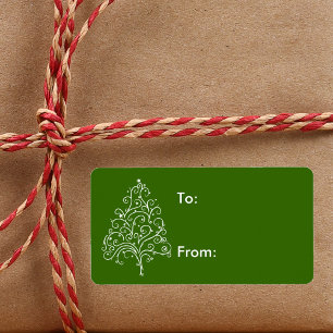 White Christmas Tree on Green Gift Tag Adressaufkleber