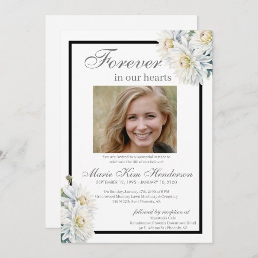 White Chrysanthemum Boho Beerdigung Gedenkdienst Einladung (Vorne/Hinten)