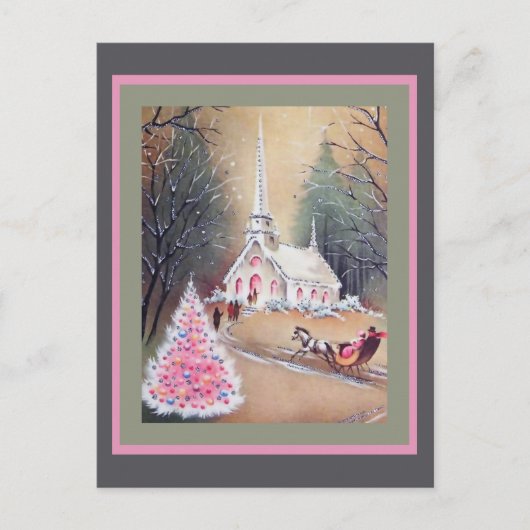 White Church Pink Christmas Tree Sleigh Postkarte (Vorderseite)