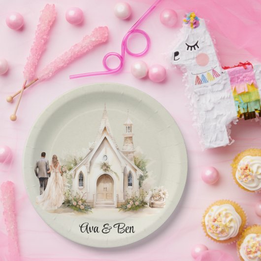 White Church Watercolor Wedding Pappteller (Party)