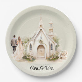White Church Watercolor Wedding Pappteller