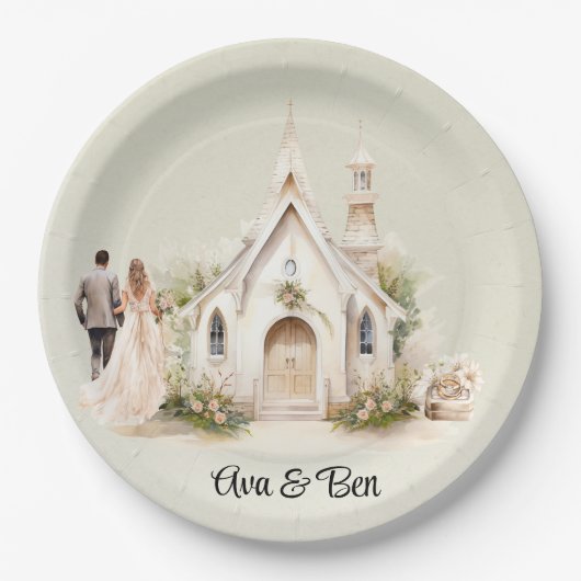 White Church Watercolor Wedding Pappteller (Vorderseite)