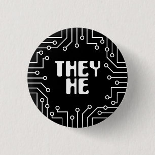 White Circuit Board sie/He Pronouns Button